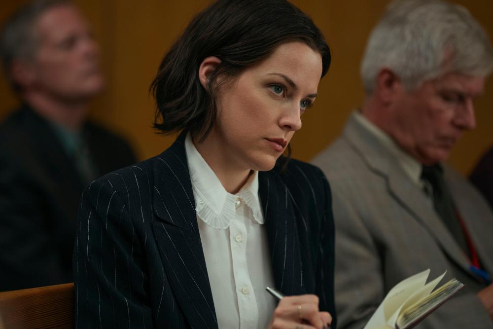 Under The Bridge -- “Three And Seven” - Episode 107 -- The unfolding trial pushes Rebecca to the brink as she begins to question who she should defend. Cam’s allegiance to the justice system is tested as details from the night of the murder are finally revealed. Rebecca (Riley Keough), shown. (Photo by: Darko Sikman/Hulu)