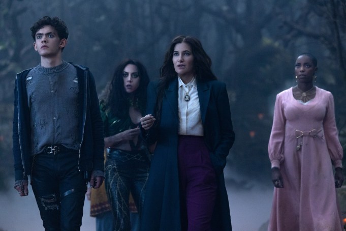 (L-R): Teen (Joe Locke), The Green Witch/Rio Vidal (Aubrey Plaza), Agatha Harkness (Kathryn Hahn) and Jennifer Kale (Sasheer Zamata) in Marvel Television's AGATHA ALL ALONG, exclusively on Disney+. Photo by Chuck Zlotnick. © 2024 MARVEL.