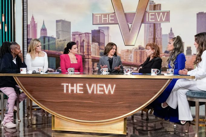 THE VIEW - Vice President of the United States and Democratic presidential candidate, Kamala Harris, will appear in-studio on “The View” TUESDAY, OCT. 8 (11:00 a.m.-12:00 p.m. EDT), in her first live interview and first talk show appearance since becoming the Democratic presidential nominee. Vice President Harris joins Whoopi Goldberg, Joy Behar, Sara Haines, Sunny Hostin, Alyssa Farah Griffin and Ana Navarro in the Emmy® Award-winning talk show’s new NYC studio to discuss her candidacy, the state of the 2024 campaign, and the Biden/Harris administration’s accomplishments. (ABC/Al Drago) WHOOPI GOLDBERG, SARA HAINES, ANA NAVARRO, VICE PRESIDENT KAMALA HARRIS, JOY BEHAR, SUNNY HOSTIN, ALYSSA FARAH GRIFFIN