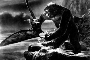 KING KONG, 1933, holding Fay Wray and fighting giant flying lizard