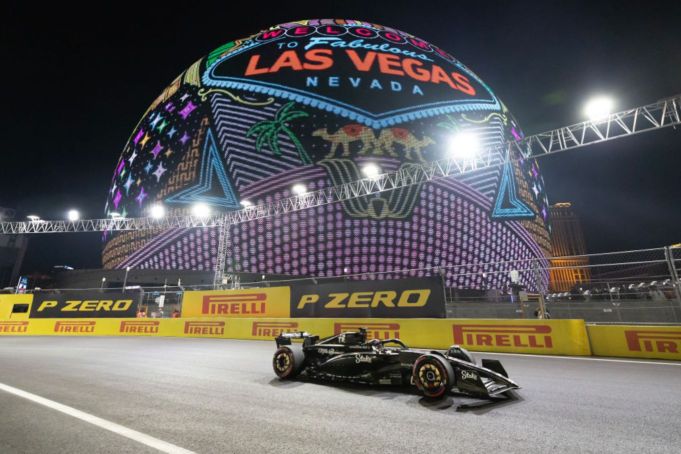 LAS VEGAS, CA - NOVEMBER 17: Alfa Romeo driver Valtteri Bottas passes by Sphere during practice at the Las Vegas Grand Prix on Friday, Nov. 17, 2023 in Las Vegas, NV. (Myung J. Chun / Los Angeles Times via Getty Images)