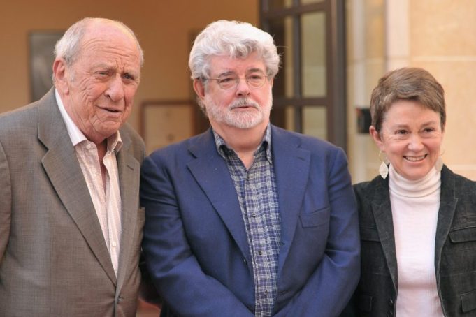 LOS ANGELES, CA - MARCH 29:  Professor Larry Auerbach, director/producer George Lucas, and USC School of Cinematic Arts dean Elizabeth M. Daley attend the dedication of the 20th Century Fox sound stage at the USC School of Cinematic Arts on March 29, 2011 in Los Angeles, California.  (Photo by Alberto E. Rodriguez/Getty Images)