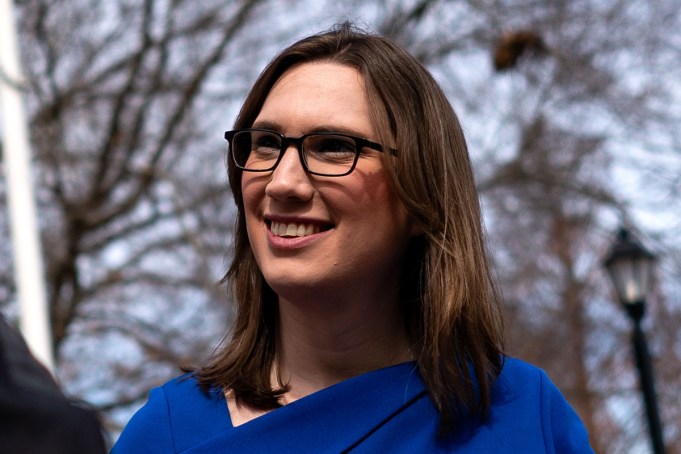 DOVER, DELAWARE - MARCH 4: Democratic congressional candidate from Delaware Sarah McBride chats with State Senator Dave Sokola, left, following a press conference on the steps of Delaware Legislative Hall on March, 4 2024 in Dover, Delaware. If elected, she would be the first transgender person to serve in the U.S. Congress. McBride, who currently respresents Delaware's First State Senate district, has worked for former Delaware Governor Jack Markell, the late Attorney General Beau Biden, the Obama White House, and most recently as the national spokesperson for the Human Rights Campaign. (Photo by Kent Nishimura/Getty Images)