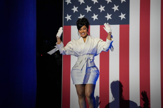 WEST ALLIS, WISCONSIN - NOVEMBER 01: Cardi B arrives during a campaign rally for Democratic presidential nominee, U.S. Vice President Kamala Harris at the Wisconsin State Fair Park Exposition Center on November 1, 2024 in West Allis, Wisconsin. With four days until election day, Vice President Kamala Harris is campaigning in Wisconsin. (Photo by Andrew Harnik/Getty Images)