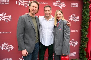 LOS ANGELES, CALIFORNIA - NOVEMBER 02: (L-R) Pete Holmes, Dallas Jenkins and Judy Greer attend "The Best Christmas Pageant Ever" Los Angeles Premiere at The Grove on November 02, 2024 in Los Angeles, California.  (Photo by Jon Kopaloff/Getty Images for Lionsgate)