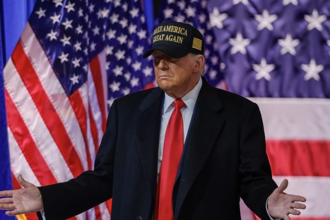 MACON, GEORGIA - NOVEMBER 03: Republican presidential nominee, former President Donald Trump greets the crowd during a campaign rally at the Atrium Health Amphitheater on November 03, 2024 in Macon, Georgia. With only two days until the election, Trump is campaigning for re-election on Sunday in the battleground states of Pennsylvania, North Carolina and Georgia. (Photo by Chip Somodevilla/Getty Images)