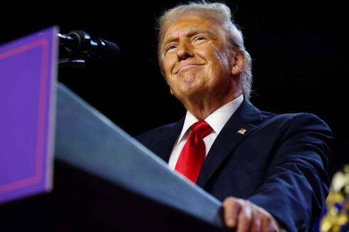 WEST PALM BEACH, FLORIDA - NOVEMBER 06:  Republican presidential nominee, former U.S. President Donald Trump arrives to speak during an election night event at the Palm Beach Convention Center on November 06, 2024 in West Palm Beach, Florida. Americans cast their ballots today in the presidential race between Republican nominee former President Donald Trump and Vice President Kamala Harris, as well as multiple state elections that will determine the balance of power in Congress.   (Photo by Chip Somodevilla/Getty Images)