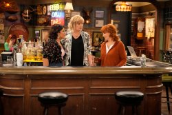 HAPPY'S PLACE -- "Happy's House" Episode 106 -- Pictured: (l-r) Belissa Escobedo as Isabella, Melissa Peterman as Gabby, Reba McEntire as Bobbie -- (Photo by: Casey Durkin/NBC)