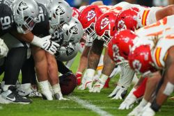 Football: Kansas City Chiefs defensive lineman in action, line up for the snap vs Las Vegas Raiders at Allegiant Stadium. Las Vegas, CA 10/27/2024 CREDIT: Erick W. Rasco (Photo by Erick W. Rasco/Sports Illustrated via Getty Images) (Set Number: X164632 TK1)