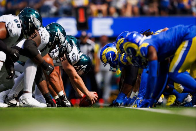 INGLEWOOD, CALIFORNIA - OCTOBER 8: Philadelphia Eagles offense and Los Angeles Rams at the line of scrimmage before an extra point attempt during a game at SoFi Stadium on October 8, 2023 in Inglewood, California. (Photo by Ric Tapia/Getty Images)