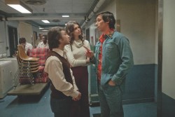 Gabriel LaBelle, left, Kaia Gerber, center, and Cory Michael Smith in “Saturday Night”