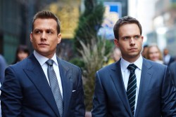 SUITS, Gabriel Macht, Patrick J. Adams in 'Derailed', (Season 4, Episode 414, aired Feb. 18, 2015), ph: Shane Mahood / USA Network / courtesy Everett Collection