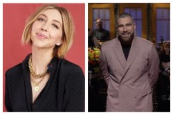 From left to right: headshot of Heidi Gardner and picture of Travis Kelce on "Saturday Night Live"