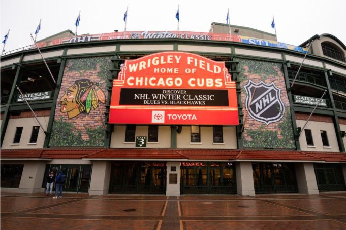 CHICAGO, ILLINOIS - DECEMBER 27: A general view of Wrigley Field during the rink build-out for the Discover NHL Winter Classic between the Chicago Blackhawks and St. Louis Blues at Wrigley Field on December 27, 2024 in Chicago, Illinois. (Photo by Chase Agnello-Dean/NHLI via Getty Images)