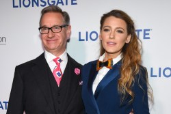 Paul Feig (L) and Blake Lively promote the film "A Simple Favor" during the Lionsgate presentation at The Colosseum at Caesars Palace during CinemaCon, the official convention of the National Association of Theatre Owners, on April 26, 2018 in Las Vegas, Nevada.