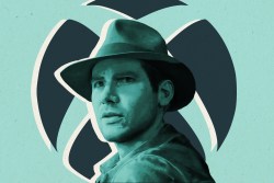 Indiana Jones from "Indiana Jones and the Great Circle" in front of the Xbox logo