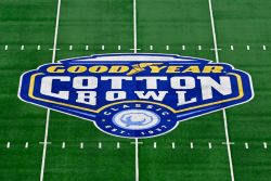 ARLINGTON, TEXAS - JANUARY 02: A general view of the Goodyear Cotton Bowl logo on the 50 yard line before the Goodyear Cotton Bowl Classic football game between the USC Trojans and the Tulane Green Wave at AT&T Stadium on January 02, 2023 in Arlington, Texas. (Photo by Alika Jenner/Getty Images)