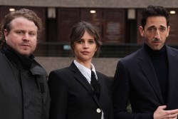 (left to right) Brady Corbet, Felicity Jones, Adrien Brody, Guy Pearce and Mona Fastvold attending the photocall for The Brutalist, at The Barbican Centre, London. Picture date: Wednesday January 15, 2025. (Photo by Jordan Pettitt/PA Images via Getty Images)