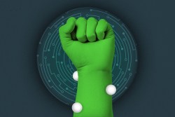 Fist in the air with a VFX green screen suit on