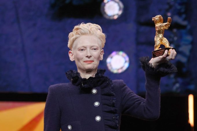 BERLIN, GERMANY - FEBRUARY 13: Tilda Swinton poses with the Honorary Golden Bear for her lifetime achievement at the Opening Ceremony during the 75th Berlinale International Film Festival Berlin at Berlinale Palast on February 13, 2025 in Berlin, Germany. (Photo by Sebastian Reuter/Getty Images)