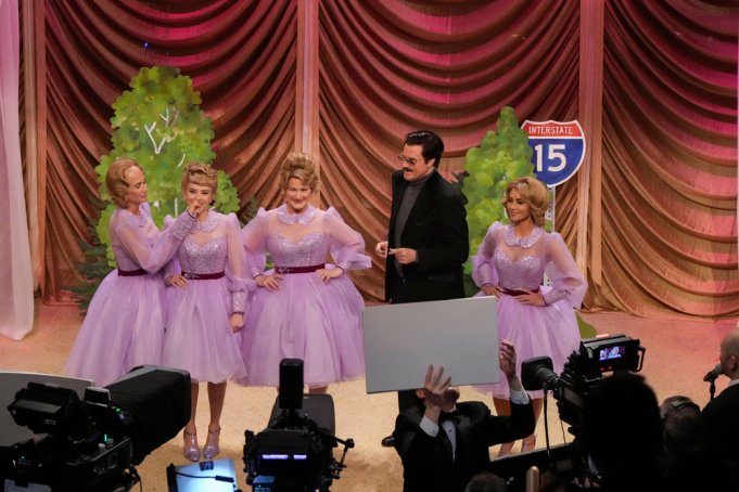 SNL50: THE ANNIVERSARY SPECIAL -- Pictured: (l-r) Kristen Wiig, Scarlett Johansson, Ana Gasteyer, Will Ferrell, and Kim Kardashian during the Lawrence Welk sketch on February 16, 2025 -- (Photo by: Virginia Sherwood/NBC)