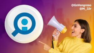 A woman in a yellow sweater joyfully announces LinkedIn recruitment opportunities with a megaphone, next to an oversized button featuring a magnifying glass icon, with the twitter handles @govengreso and @_