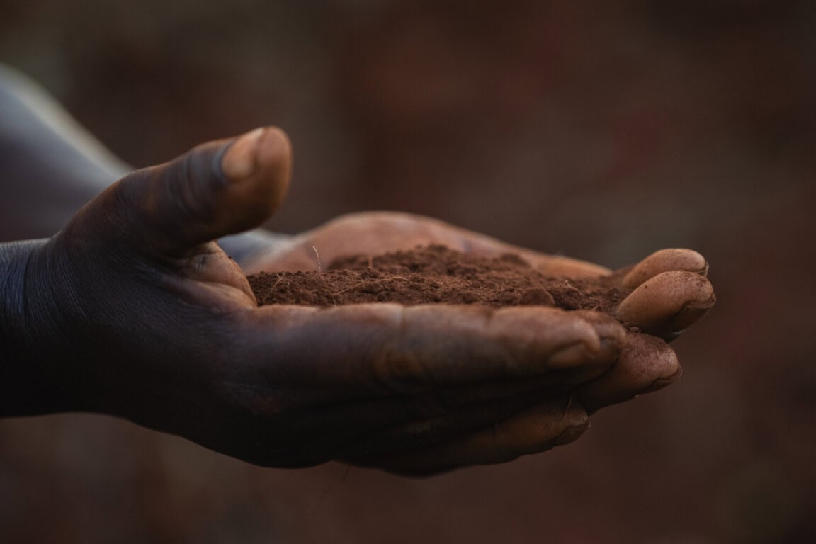 A farmer's hands cradle fertile soil, a testament to TIST's environmental restoration efforts