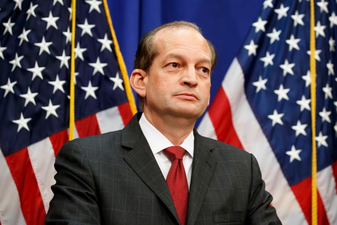  Alex Acosta pauses while speaking during a news conference at the Department of Labor in July.