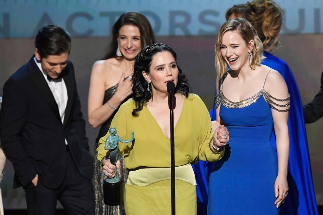 “The Marvelous Mrs. Maisel” stars Michael Zegen, Marin Hinkle, Alex Borstein and Rachel Brosnahan accept the 2020 SAG Award for Outstanding Performance by an Ensemble in a Comedy Series.