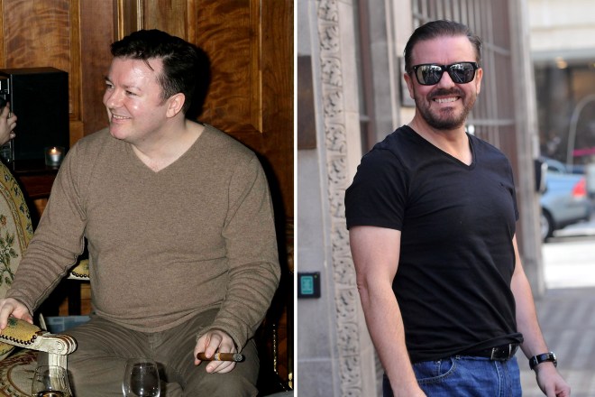 Ricky Gervais in 2000 (L) and in 2011