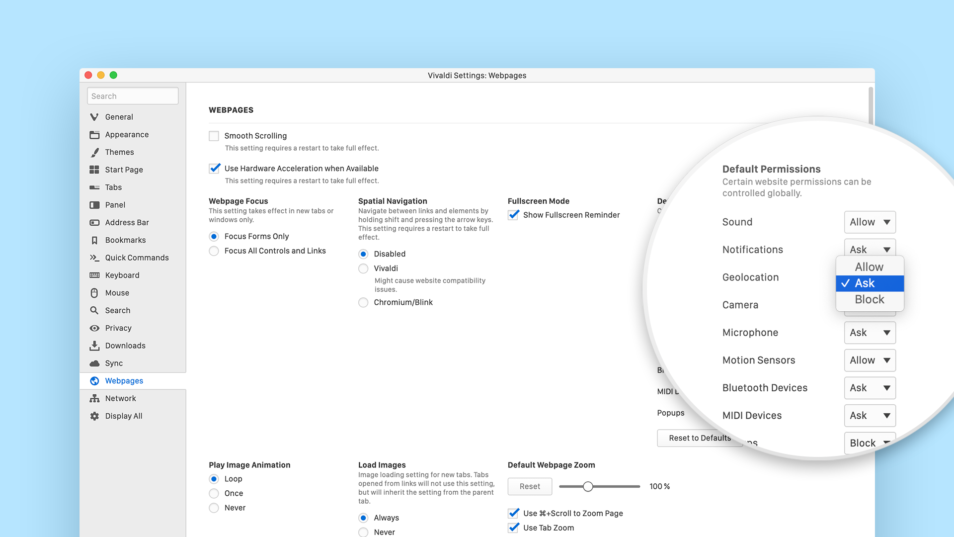 Image of the geolocation privacy settings in Vivaldi.