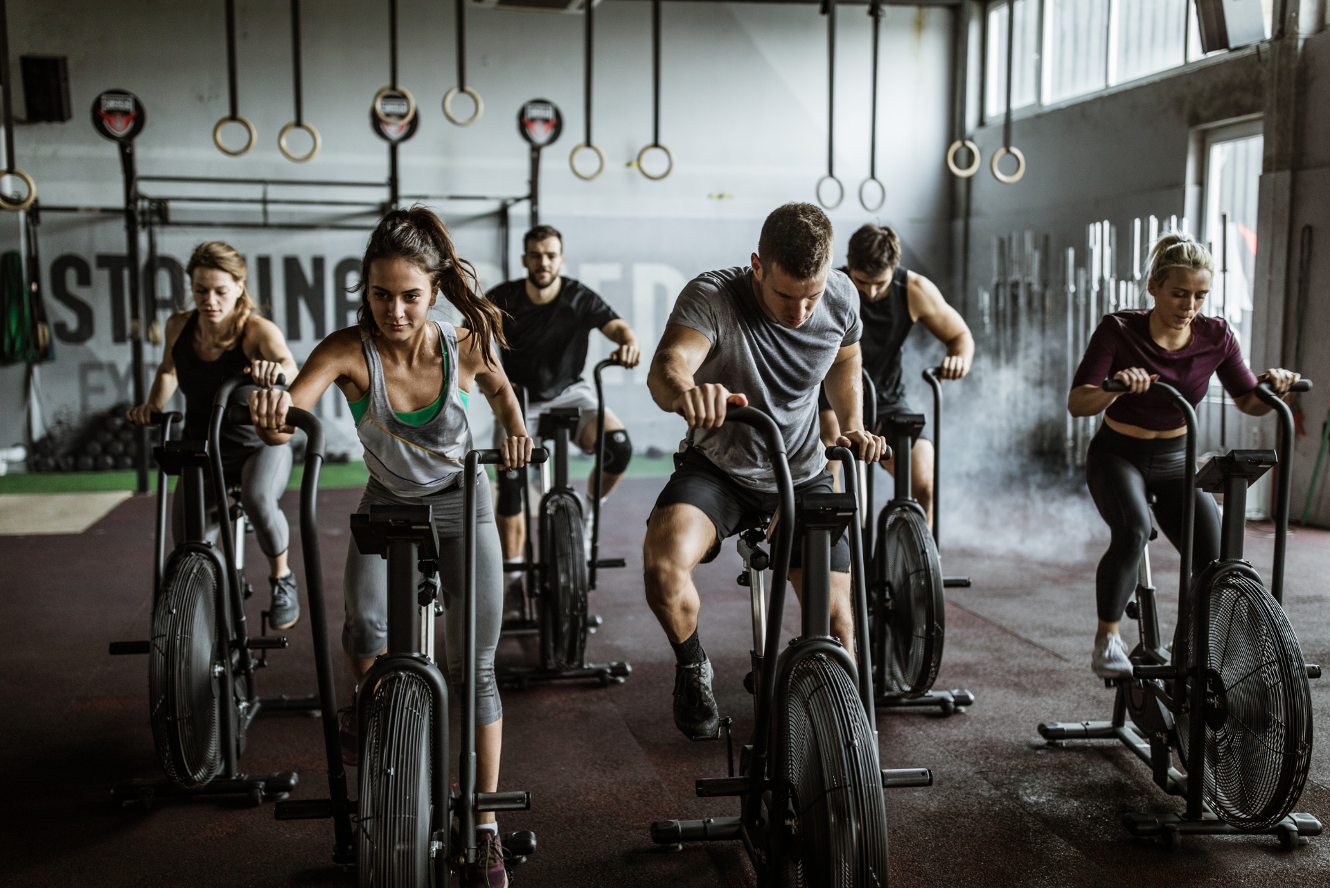 indoor spin cycling class at the gym