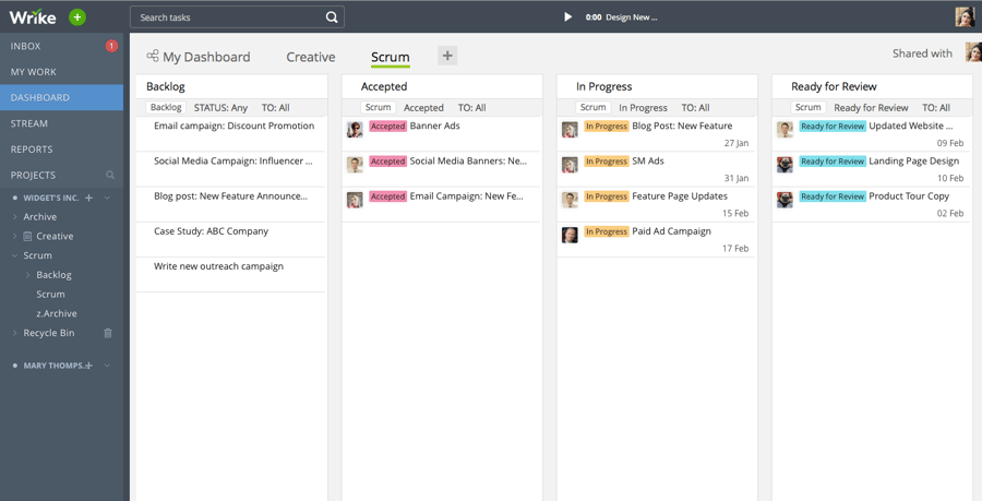 Image of a Kanban board within Wrike