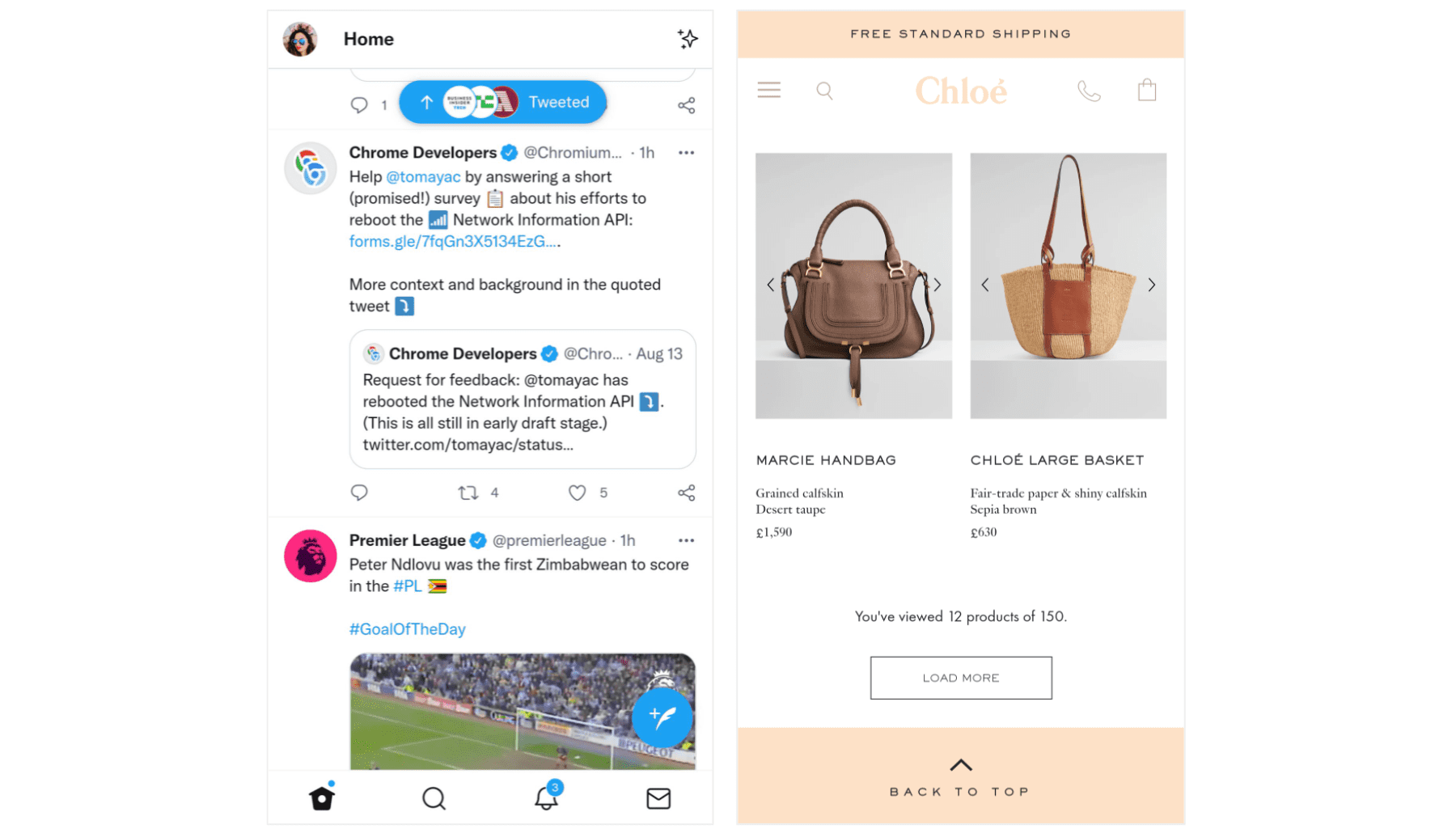 Esempi di caricamento di contenuti dinamici senza causare variazioni del layout impreviste da Twitter e dal sito web di Chloé