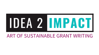 Idea 2 Impact: Art of Sustainable Grant Writing logo black, white, and teal letters with burgundy letters below.