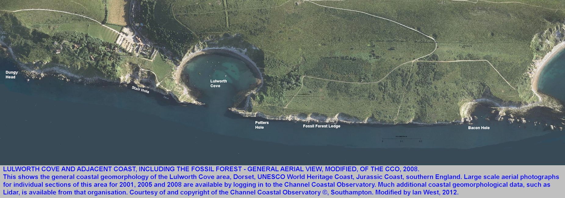 Aerial photograph showing Lulworth Cove, the Fossil Forest ledge, Bacon Hole, Stair Hole and Dungy Head, Dorset, Channel Coastal Observatory