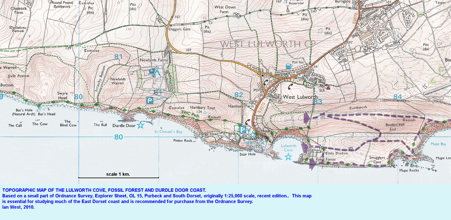 Topographic map of the Lulworth Cove, Durdle Door and Fossil Forest coast, east Dorset