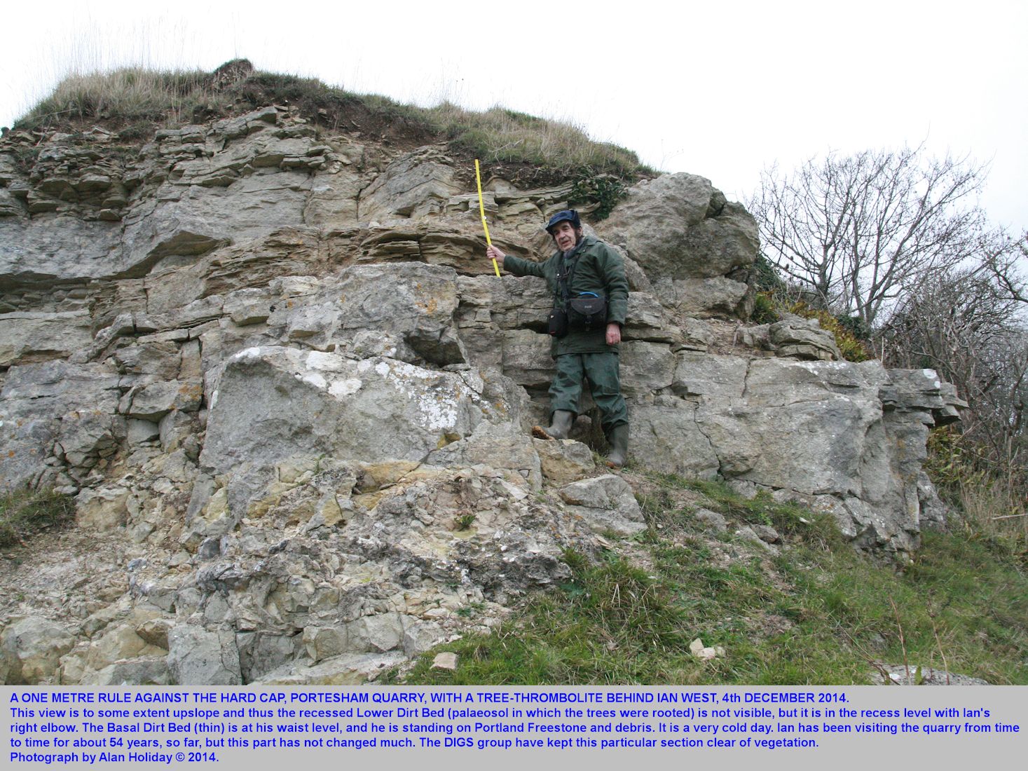 The Hard Cap and associated strata of the Basal Purbeck Group, Portesham Quarry, Dorset, with Ian West and a scale, 2014