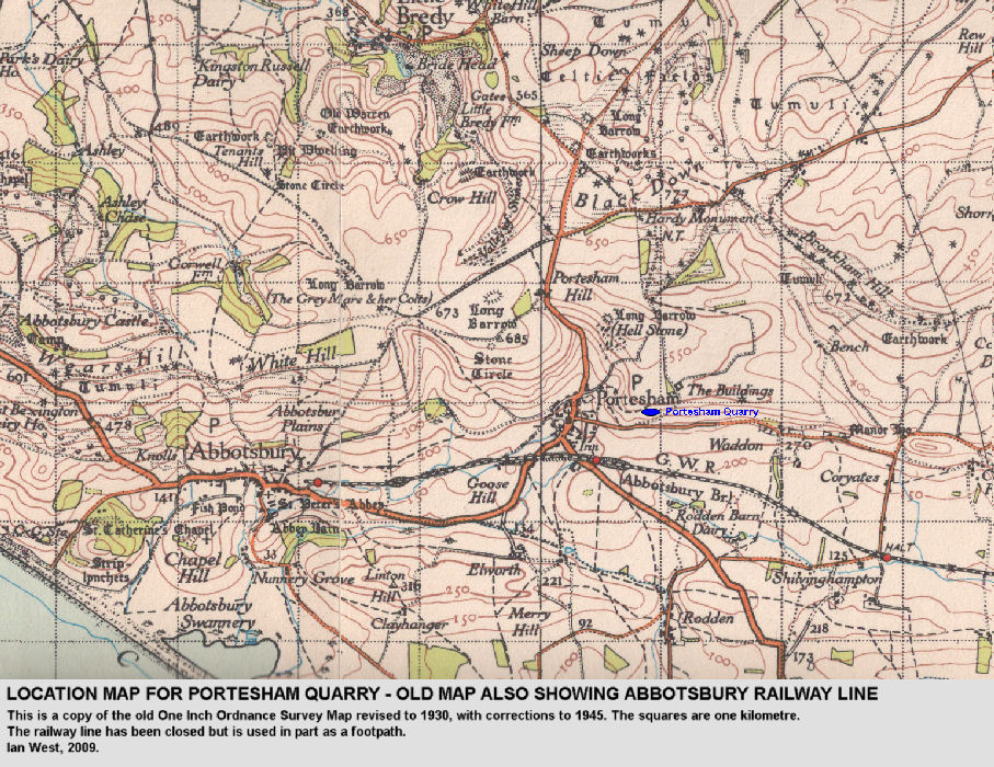 A old location map for Portesham Quarry, Dorset, revised to 1930