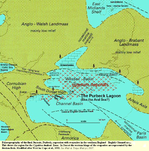 Palaeogeographic map for the end Jurassic of southern England, the equivalent of the evaporitic basal Purbeck Formation