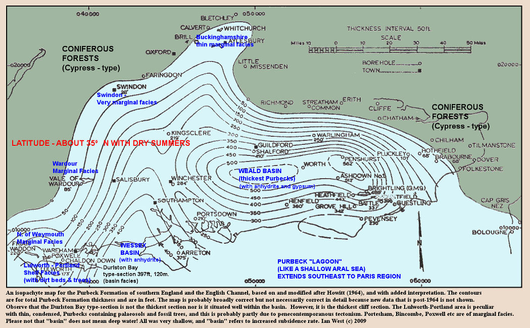 An isopach (isopachyte) map for the Purbeck Formation of southern England, based on, and modified after, Howitt (1964), with contours in feet, and with additional interpretation