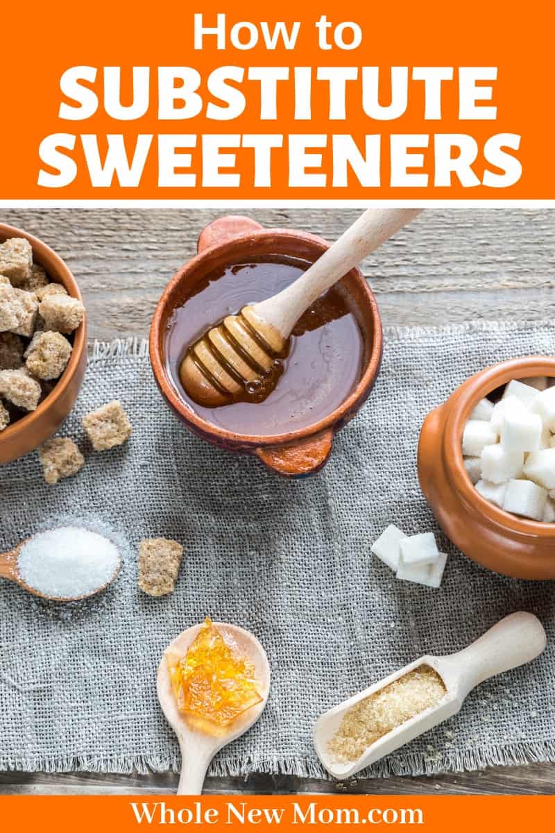 honey, sugar, and brown sugar in bowls with spoons for post about baking with honey and baking with maple syrup