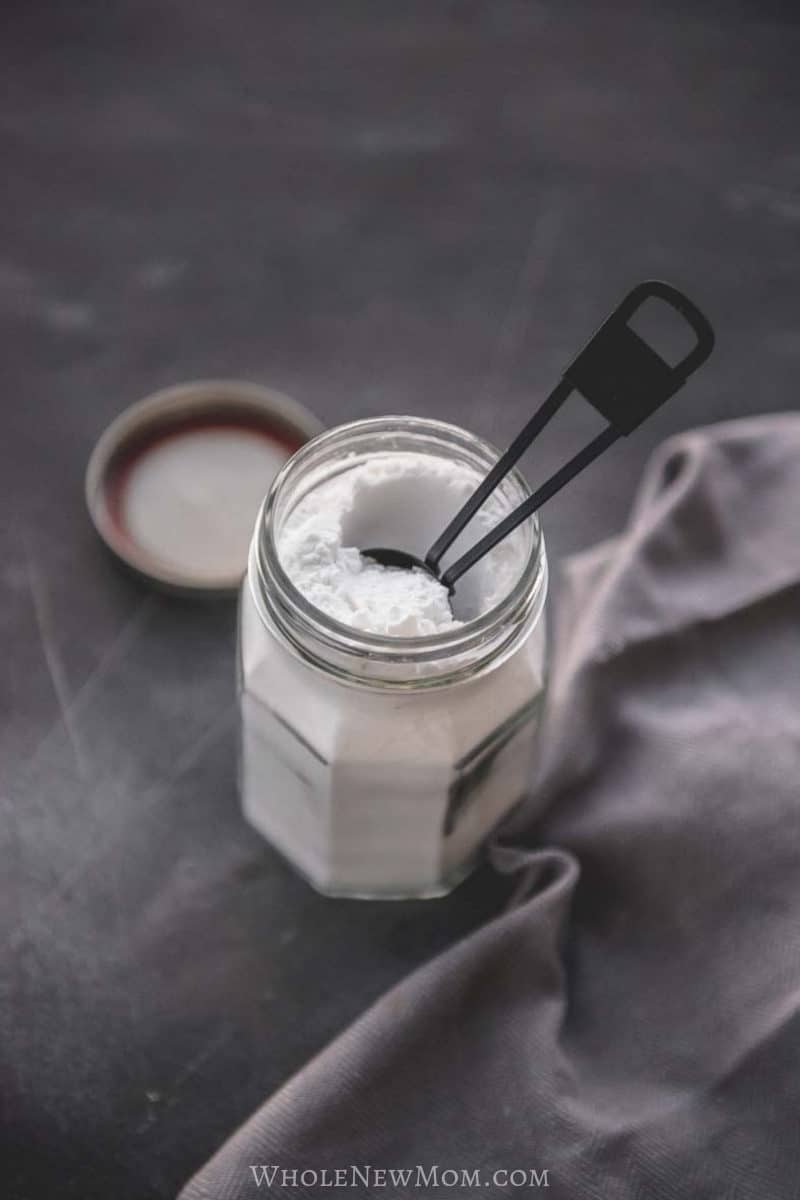 powdered egg replacer in glass jar with spoon