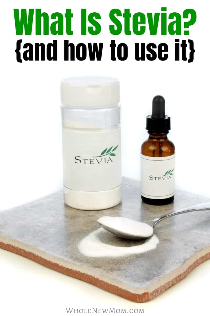 stevia extract powder and liquid stevia drops with a spoon for a post about "What Is Stevia" and how to use stevia