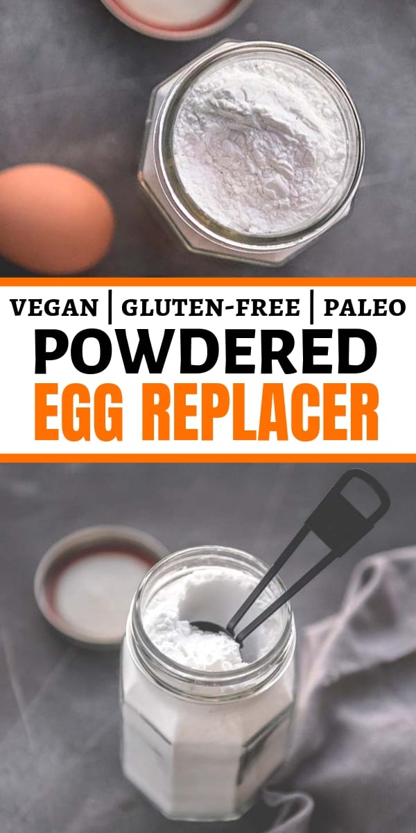 collage of vegan egg replacer powder in glass jar