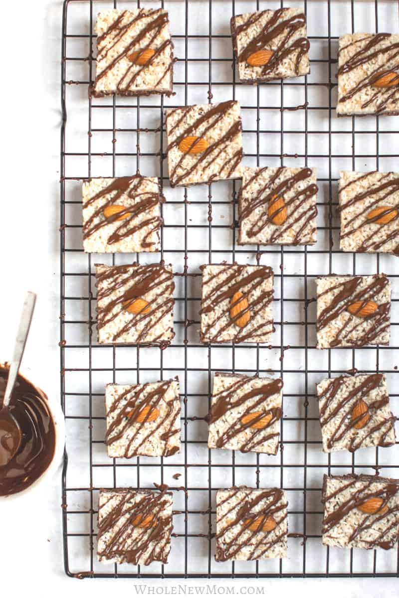 no bake almond joy bars on cooling rack