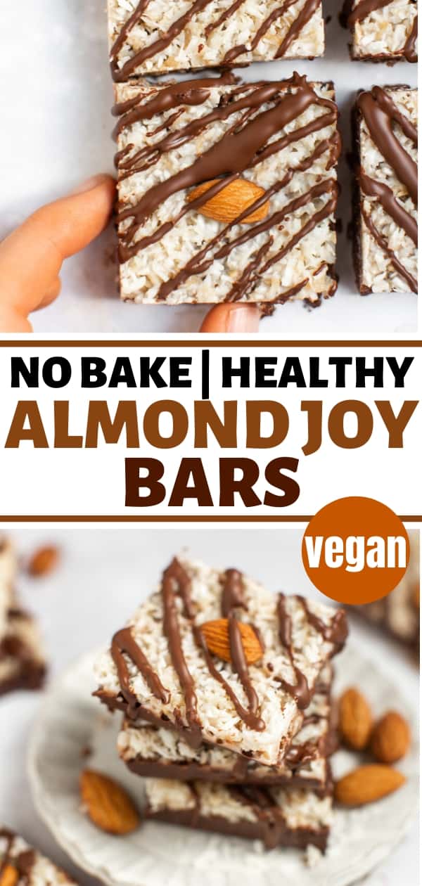 collage of no bake almond joy bars stacked on a white plate and with a hand picking one up