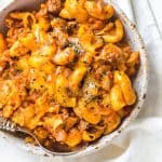 gluten-free chili mac in white bowl