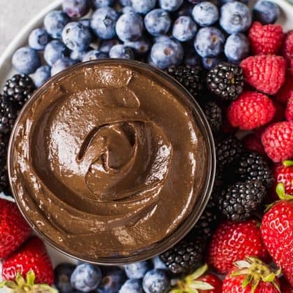 chocolate dip in a bowl placed on a plate full of berries