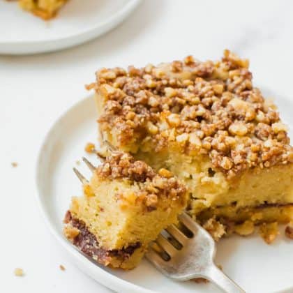 slice of coffee cake on a plate with fork